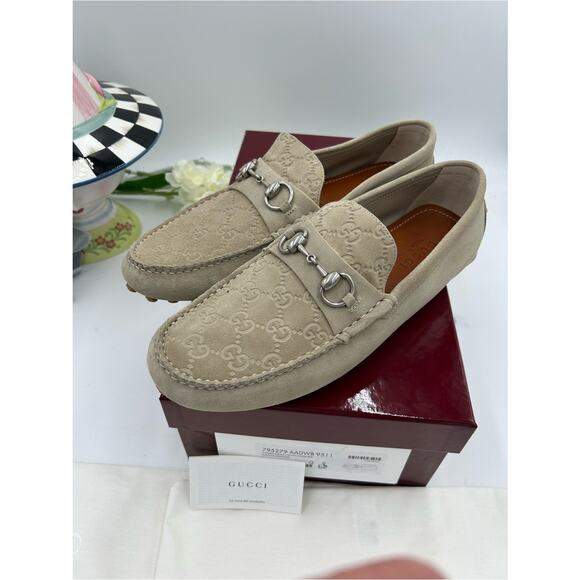 Men\'s Gucci suede oatmeal horse bit driver loafers size 9 fits 9.5US main image 6